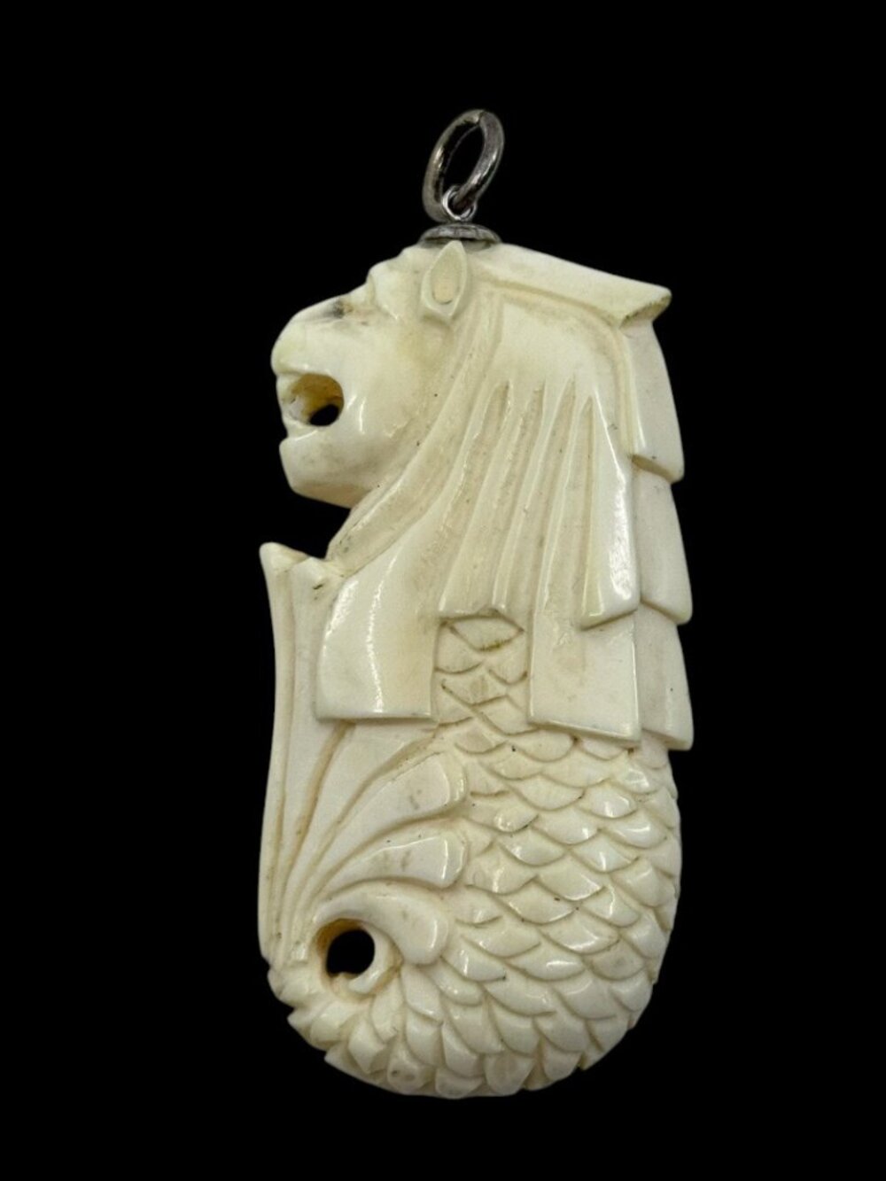 Vintage sterling silver carved Ivory Merlion pendant - GM1216